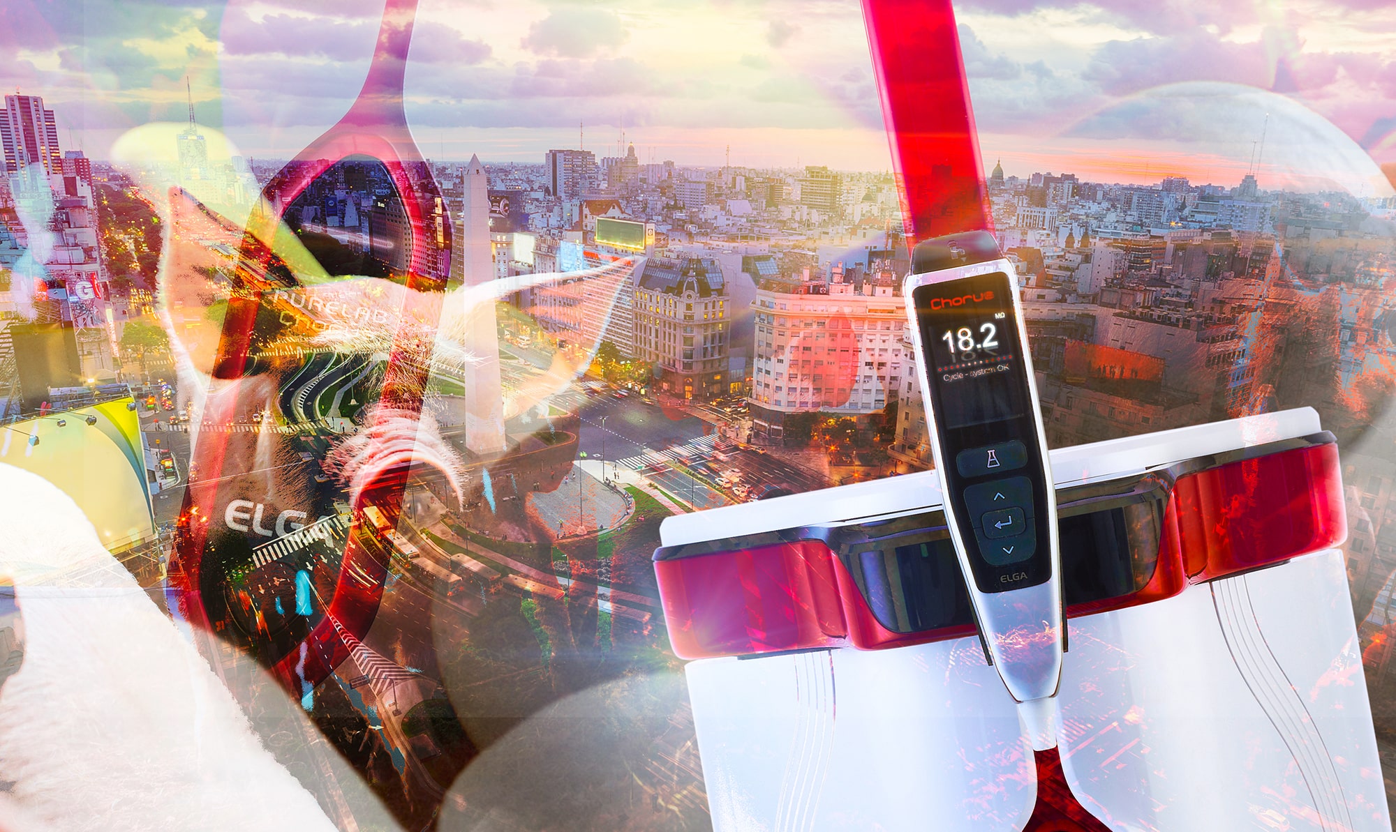 Im Vordergrund Abbildung einer ELGA Chorus Anlage im Anschnitt. Im Hintergrund ist eine Stadt und das transparente Gesicht eines Schweines zu sehen.